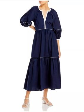 STAUD Navy Blue Maxi Dress with White Trim